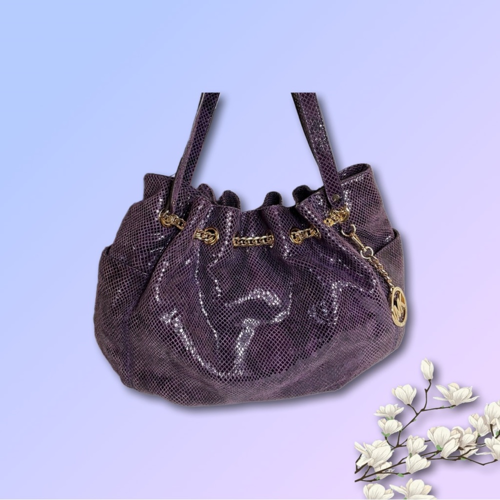 Michael Kors Shimmering Purple Python Snake Print Hobo Shoulder Bag Gold Chain